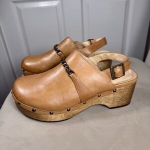 Silent D Leather Platform Clogs Chain Detail Slingback Tan Brown Size 40 / 9-9.5